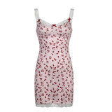 Sweet Pink Cherry Print Lace Trim Mini Dress