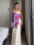 Chic Women Flowers Printed Strapless Sleeveless Maxi Dress Elegant Off Shoulder Slim Long Vestdios Sexy Party Club Robes