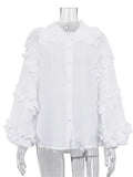 Ruffle Loose Women Shirts  Cotton Long Sleeve Elegant White Tshirt Ladies Street Casual Holiday Baggy Cover Up Female