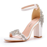 Crystal Queen High Heels White Wedding Sandals Bride Block Open Toe Prom Evening Formal Rhinestone Party Dress Shoes