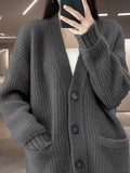 Cashmere Blend Wool Soft Winter Warm Knitted V-neck Women's Cardigans Sweater Korean Fashion Casual Loose Long Sleeve Coat