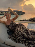 Fashion Women Leopard Print Sleeveless Sling Maxi Dress Sexy Backless Slim Pleated Long Vestdios Chic Beach Vacation Robes