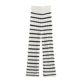 Summer Women's V-Neck Crochet Striped Top + High Waist Knitted Pants Set