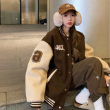 Y2k Varsity Bomber Jacket Women Red Brown Korean Fashion Winter Coat Vintage Baseball Jackets Hip Hop Streetwear Outerwear Tide