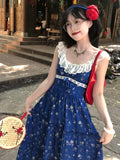 New Vintage Blue Lace Floral Dress Woman Holiday Sext Backless Midi Dress Casual Sleeveless Korean Fashion Dress Chic