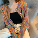 New Rainbow Color Cardigan with Buttons Autumn Winter Korean Fashion Long Sleeve Knit Cardigan Women Loose Sweaters