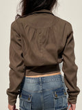 Brown Zip Up Stand Collar Pockets Long Sleeve Cargo Jackets Women Vintage Casual Streetwear