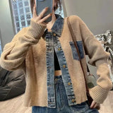 Korean style design, niche, loose  sweater, women's autumn new denim patchwork knitted top jacket