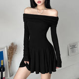 Black Off Shoulder Long Sleeve Pleated Dress