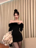 Mini Dresses Women Furry Patchwork Slash Neck Long Sleeve Spring Fashion Slim Sexy Elegant Dress Party Female Backless