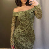 Vintage Green Graphic Printed Off-Shoulder Dress