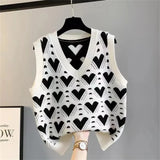 Fashion Love Heart Printed Loose Knitted Vest Sweater Casual V Neck Sleeveless Thick Sweater Vest Female Waistcoat Chic Tops