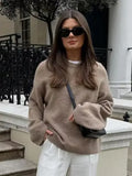 Brown Casual Round Neck Knitted Pullover Women Fashion Long Sleeve Loose Short Sweater Autumn New Lady Street Knit Tops