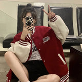 Y2k Varsity Bomber Jacket Women Red Brown Korean Fashion Winter Coat Vintage Baseball Jackets Hip Hop Streetwear Outerwear Tide