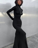 Maxi Bodycon Dress Women Long Sleeve Outfits Elegant Fashion Sexy Party Evening Club Wrap Black Winter Dress Turtleneck