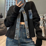 Korean style design, niche, loose  sweater, women's autumn new denim patchwork knitted top jacket