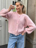 Fashion Mohair Knitted Single Breasted Cardigan for Women Loose Solid O-neck Long Sleeve Lazy Sweater  Autumn Lady Knitwear