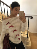 Skew Collar Off Shoulder Knitted Tops Women Spring Autumn New Bottoming Pullovers Y2k Long Sleeve Slim Fit Sweaters