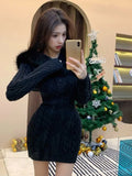 Winter Christmas Knitted Sweater Dress Hooded Women Slim Bodycon Y2k Mini Dress Fur Female One Piece Dress Korean Elegant