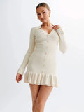 Ruffled Bow Knit Mini Dress Women's Summer Backless Contrast Cardigan Lace-Up Elegant Dress Female Knitwear Bandage Dress