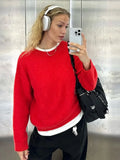 Chic Red O-neck Pullover Sweater For Women Elegant Long Sleeves Casual Loose Knitted Tops Autumn Lady New Fashion Jumpers