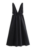 Women Solid Hollow Out Midi Camisole Dresses Summer Elegant Casual Deep V-Neck Backless A-line Party Dress