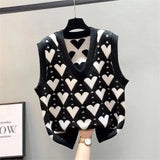 Fashion Love Heart Printed Loose Knitted Vest Sweater Casual V Neck Sleeveless Thick Sweater Vest Female Waistcoat Chic Tops