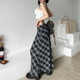 Aesthetics Retro Plaid Print Mesh Long Skirts Y2K Vintage 90s Low Waist Double Layer Straight Midi Skirt Korean Fashion Clothes