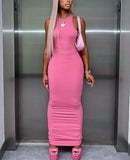 Women Fashion Summer Sleeveless Streetwear Bodycon Pink Pencil Long Dress Wholesale Items For Business