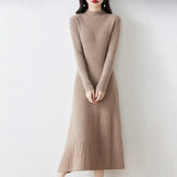 Autumn/Winter New A-line Pullover Dress Women's Half High Neck Over Knee Slim Knitted Cashmere Long Dress