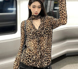 Harajuku T Shirt Women V Neck Leopard Tee Tops Y2k Vintage Tshirts See Through Streetwear 2000s Japanese Shirt Female