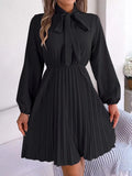 Women's Dresses New in Spring Summer Autumn Winter New Fashion Pure Color Lace Up Long Sleeve Elastic Waist Party Pleated