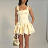 Satin Suspender Mini Dress For Women Ball Gown Splice Sexy Sleeveless Ruched Solid Summer New Princess Party Dress Female