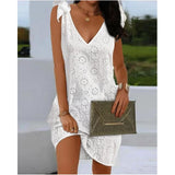 Women's Elegant White Mini Dresses Sexy V-Neck Eyelet Embroidery Tied Detail Sleeveless Dress Beach Fashion Summer Dress