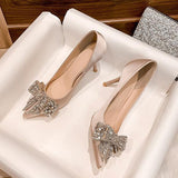 6cm New Fashion Satin Pointed Toe with Rhinestone Bow Sexy High Heels Banquet Party Women Shoes 41 42 43