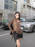 Harajuku T Shirt Women V Neck Leopard Tee Tops Y2k Vintage Tshirts See Through Streetwear 2000s Japanese Shirt Female