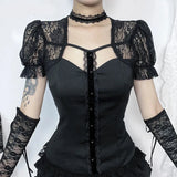 Fairycore Lace Patchwork Puff Sleeve T-Shirts Lady Elegant Blouse Sexy Hollow Out Slim Tops Mall Gothic Techwear Cloth