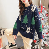 Autumn/Winter New Korean Thickened Color blocked Christmas Sweater Women Hoodie Snowflake Loose Round Neck Lazy Style Tops