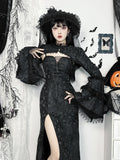 Fashion Halloween Gothic Grunge Punk Women Dress High Split Lace Black Dresses Shrug Sets Harajuku Lolita Cosplay Party Dress