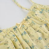 Yellow Bow Small Flowers Printing Mini Dress