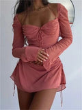 Elegant Off-Shoulder Halter Short Dress Women Long Flare Sleeve Side Drawstring Ruched Mini Dress A-Line Party Vestidos