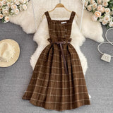 Vintage Korean Two Piece Set Dress Women Autumn Winter Plaid Woolen Spaghetti Strap Dress With Belt Long Sundress Vestidos