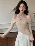 Korean Fashion Off Shoulder Sweater Women Fairycore Aesthetic Knitted Jumper Mujer Chic Elegant Long Sleeve Top Spring