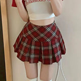 Preppy Plaid Pleated Skirt Red Women Summer Vintage Korean Style High Waist Patchwork A-line Mini Skirt Harajuku