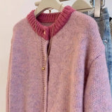 Single Breasted Pink Short Sweater Coat For Women Autumn Winter Lazy Small Knitted Cardigan Female O-Neck Splicing Color Top