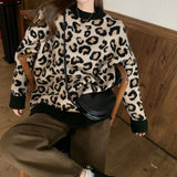 Biyaby Leopard Knitted Sweaters Woman Vintage Lazy Style Loose Jumper Blouse Women Autumn Winter O-Neck Bottoming Pullovers