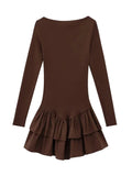 Fashion Women Round Neck Pleated Solid Mini Dress Chic High Waist Long Sleeve Short Vestdios Elegant High Street Robes