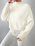 Women's Ribbed Knitted Sweater, Mock Neck Long Sleeve Pullover, Solid Color High Neck Drop Shoulder Jumper