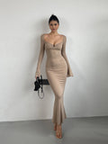 Sexy V-neck Flare Sleeves Dress Elegant For Women's Spring New High Waist Slim Split Fish Tail Wrap Hip Long Dress Sweet