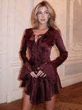 V Neck Long Sleeve Ruffled Sexy Mini Dress For Women Robe Fashion Solid Lace-up High Waist A-line Club Dress Elegant